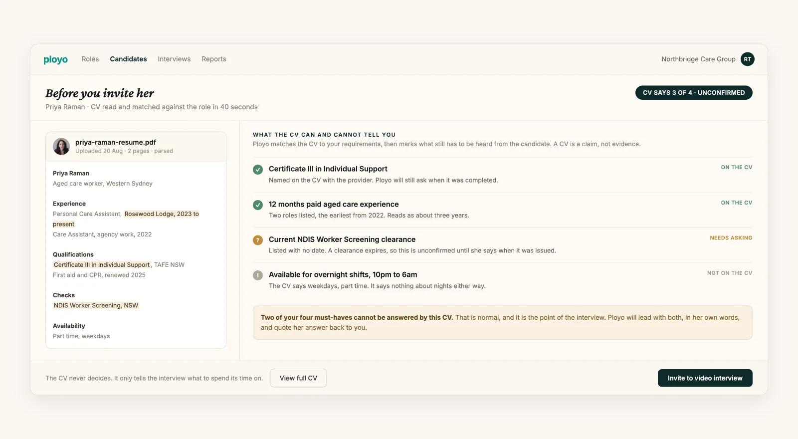 CV parsed and matched against role requirements, gaps flagged before invite
